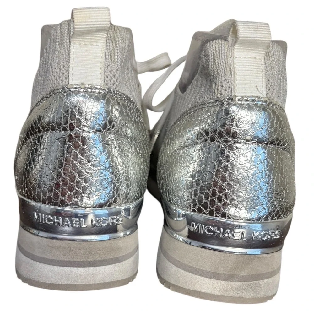 Michael Kors Billie Silver Knit Sock Sneakers Metallic Accent Lace Up‎ Size 10M